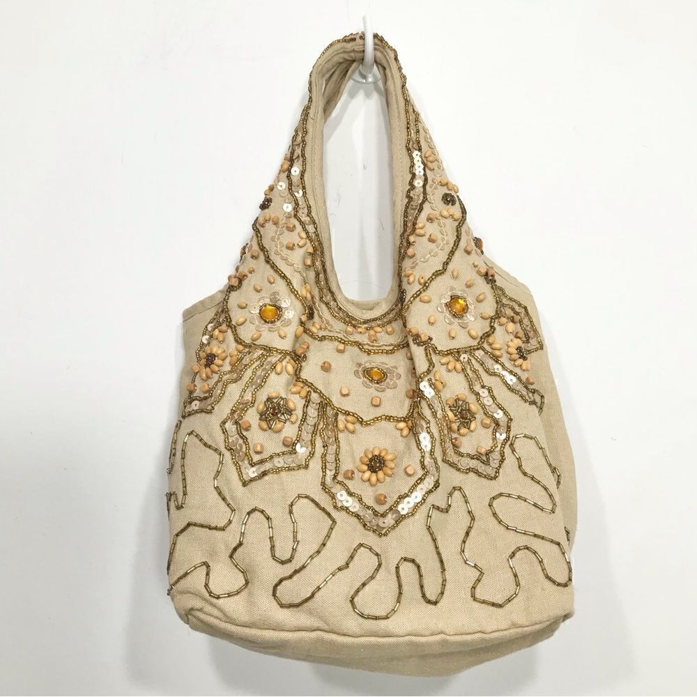 Boutique Gold Sequin Neutral Tan Cotton Double Handle Boho Ethnic Tote Handbag